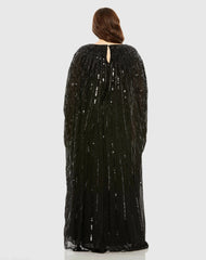 Black Embellished Column Cape Gown