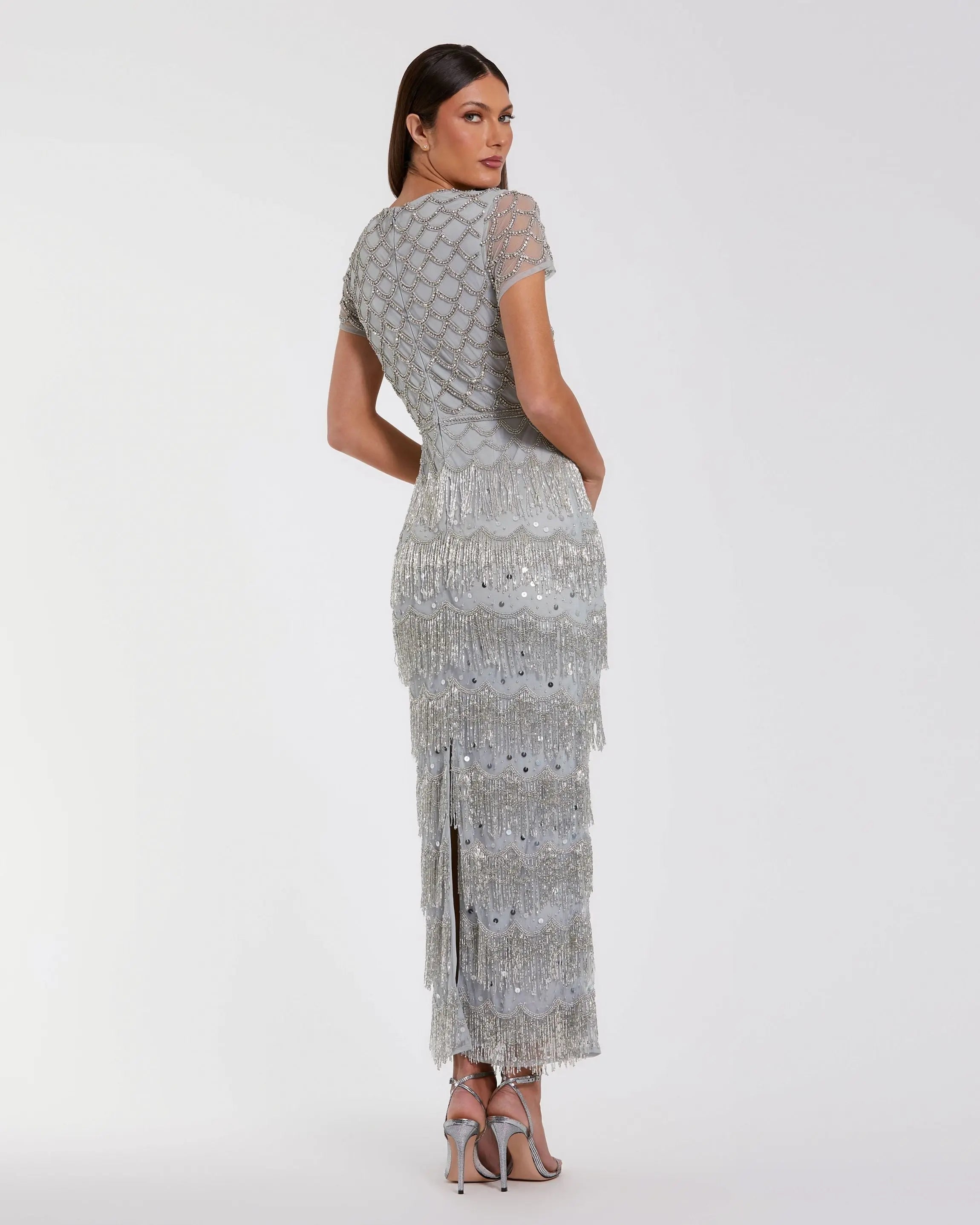 Blue Fringe Embellished Mesh Ankle Length Dress