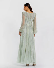 Green Boat Neck Long Sleeve Beaded Gown