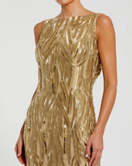 Gold Embellished Mesh Sleeveless High Neck Fitted Gown