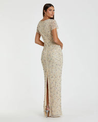 Ivory Floral Embellished Mesh Fitted Column Gown