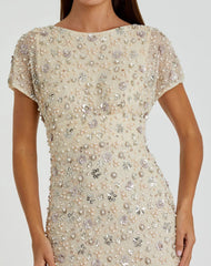 Ivory Floral Embellished Mesh Fitted Column Gown