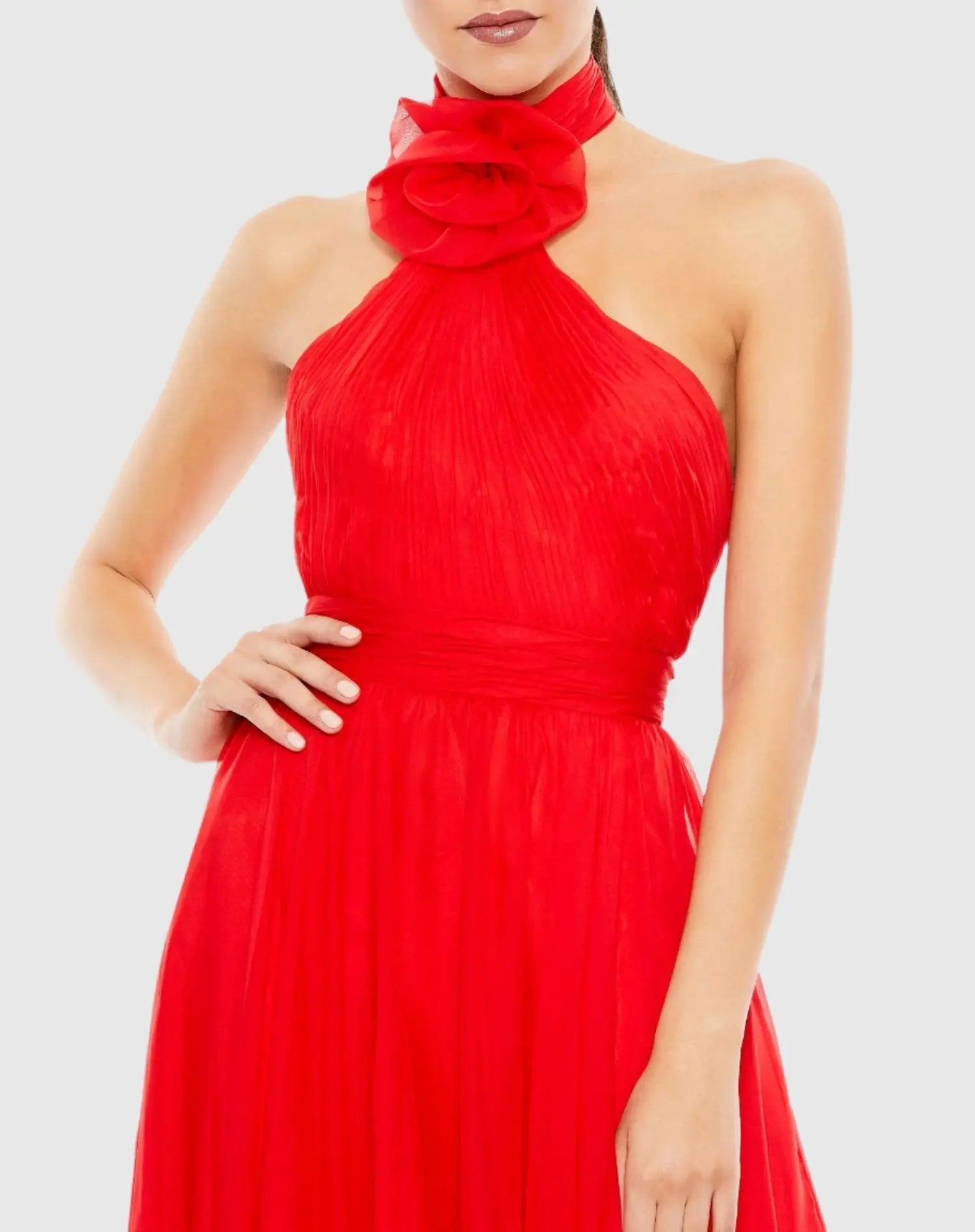 Red Asymmetrical Halter Neck Tiered A Line Gown