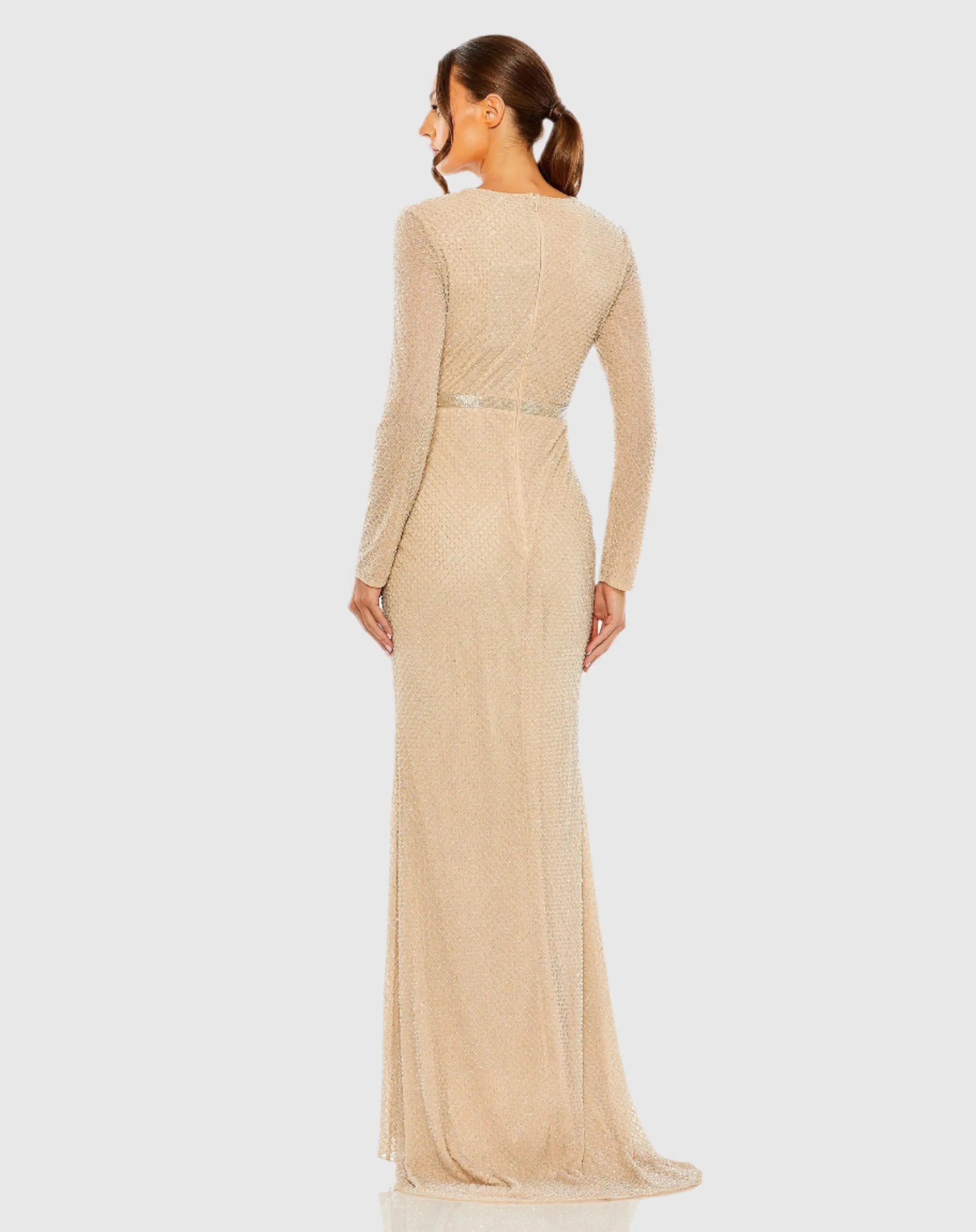 Beige Beaded High Neck Long Sleeve Gown