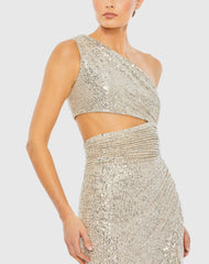 Silver and Beige Sequin One Shoulder Cut Out Gown
