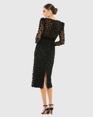 Black Velvet Embellished V Neck Long Sleeve Sheath Dress