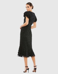 Black Hand Beaded Flounce Sleeve Midi Dress