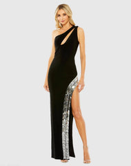 One Shoulder Cut Out Mirror Sequin High Slit Gown