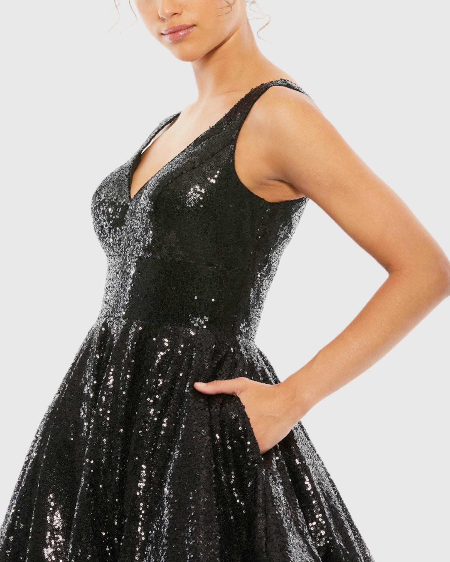 Black Sequin V Neck Fit & Flare Mini Dress