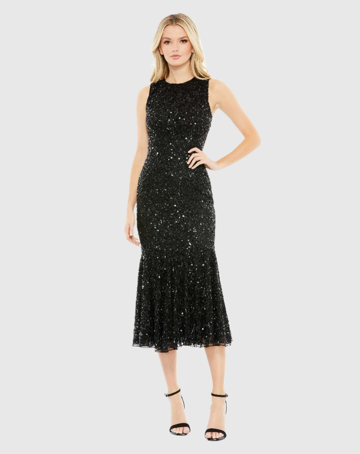 Black Sequined High Neck Sleeveless Flared Dress