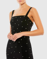 Black Sleeveless Rhinestone Encrusted Square Neck Midi Dress