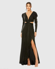 Black Princess Sleeve Cut Out Metallic Gown - FINAL SALE