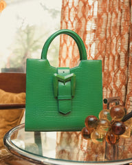 Green Buckled Medium Croco Leather Tote Bag with Detachable Strap
