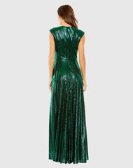 Green Cap Sleeve Deep V Neck High Slit Metallic Gown