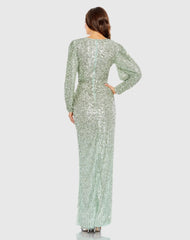 Green Embellished Faux Wrap Puff Sleeve Gown