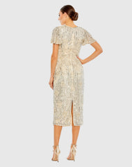 Beige and Silver Embellished Flutter Sleeve High Neck Dress