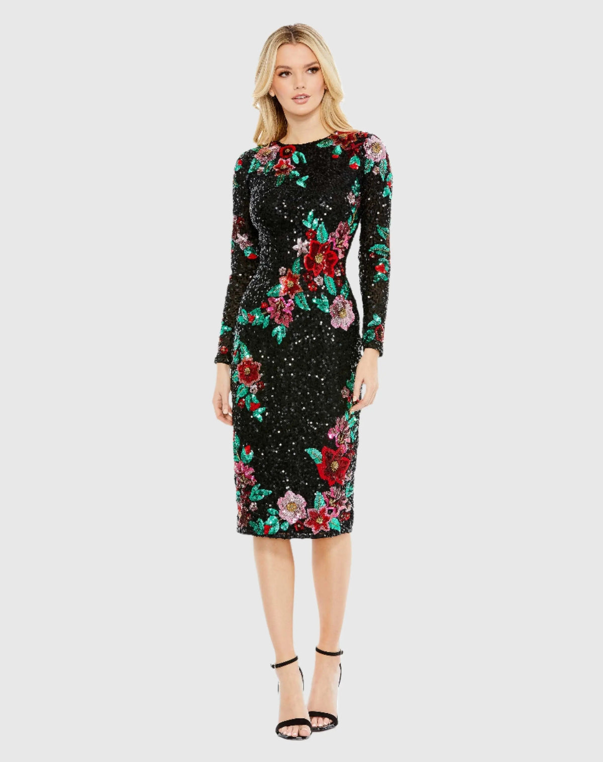 Black Embellished High Neck Cascading Floral Dress