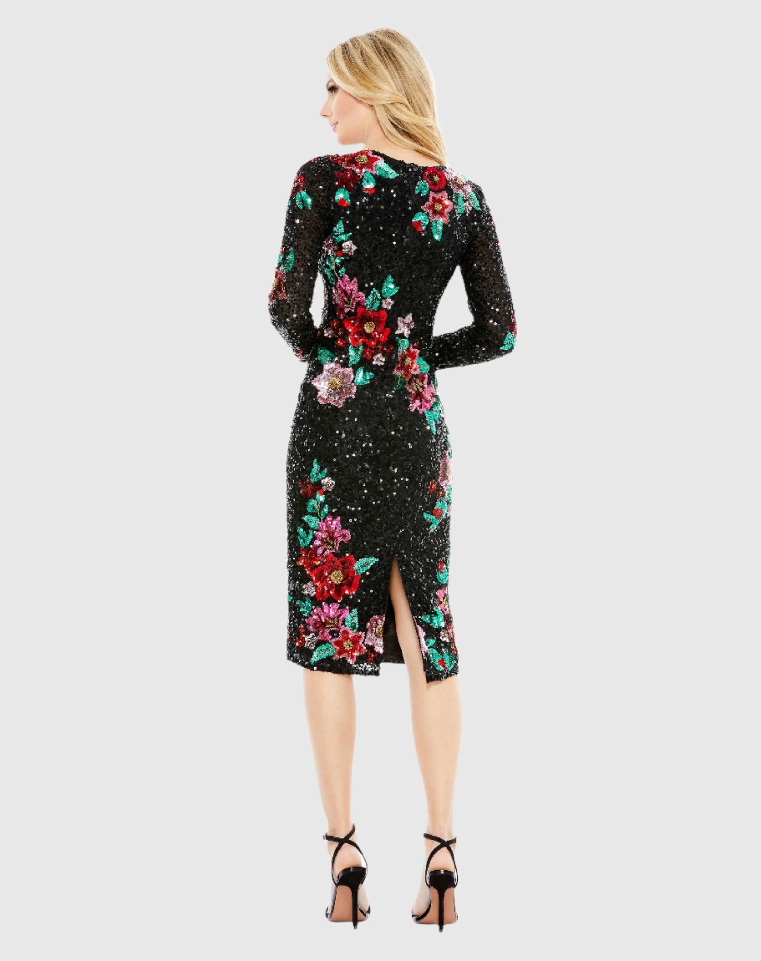 Black Embellished High Neck Cascading Floral Dress