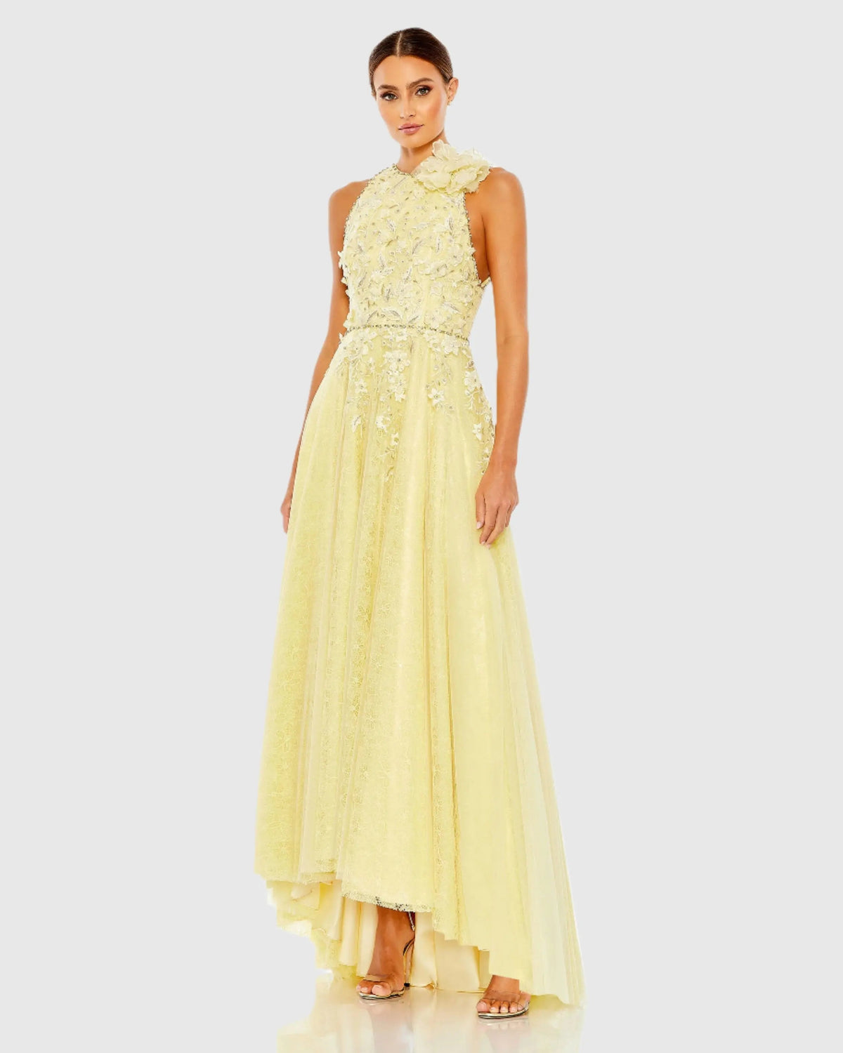 Yellow Embellished High Neck Sleeveless A Line Gown