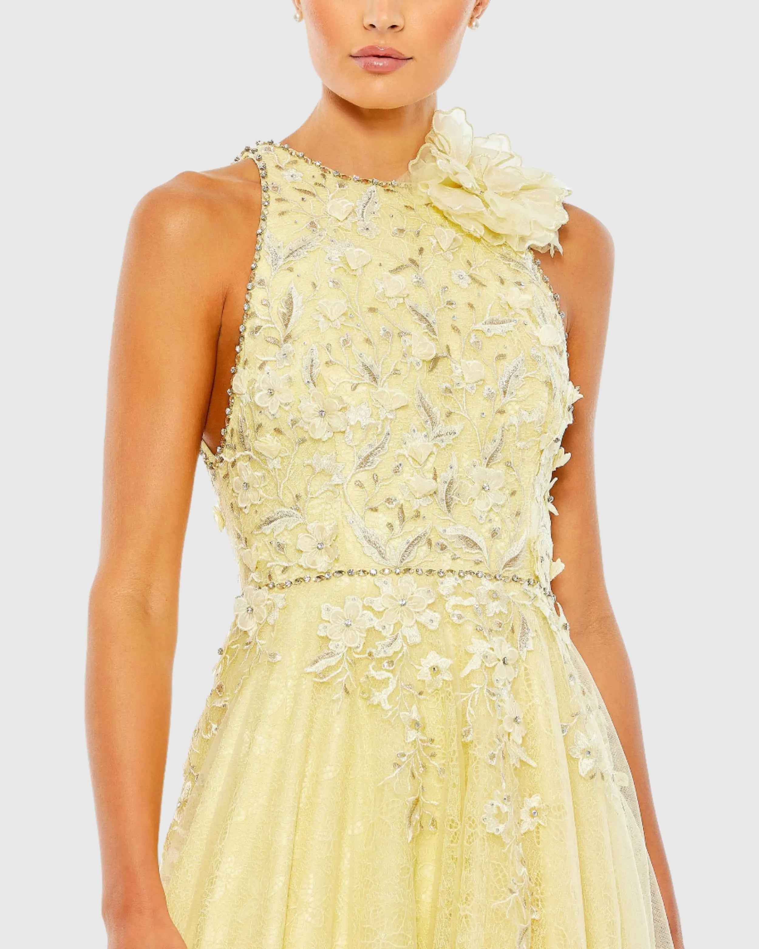 Yellow Embellished High Neck Sleeveless A Line Gown