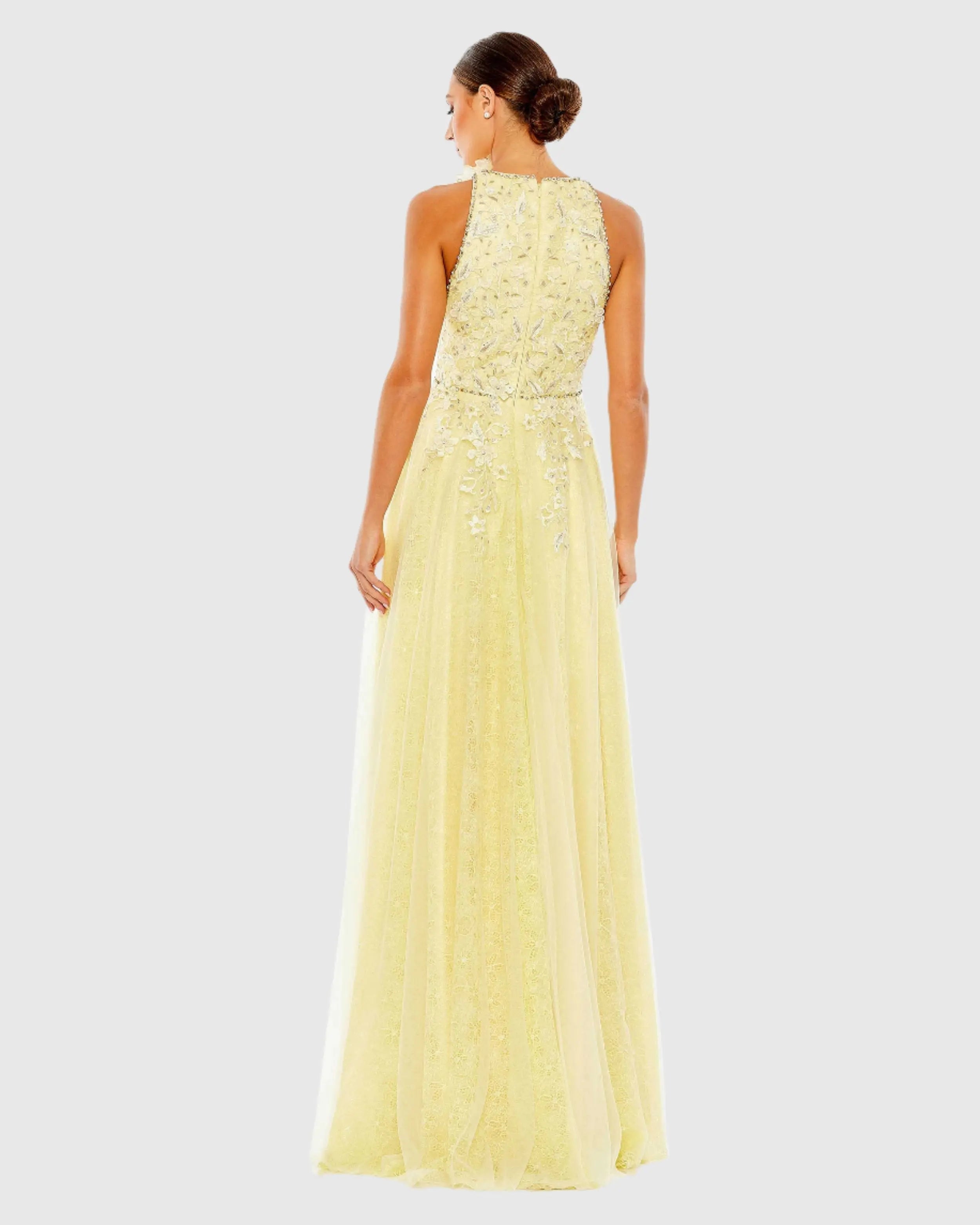 Yellow Embellished High Neck Sleeveless A Line Gown