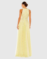 Yellow Embellished High Neck Sleeveless A Line Gown