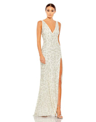 White Sleeveless V Neck Embellished Gown
