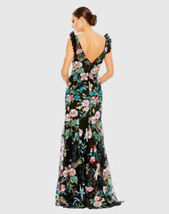 Black Embroidered Floral Plunge Neck Trumpet Gown