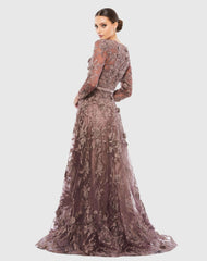 Brown Embroidered Long Sleeve Plunge Neck A-Line Gown