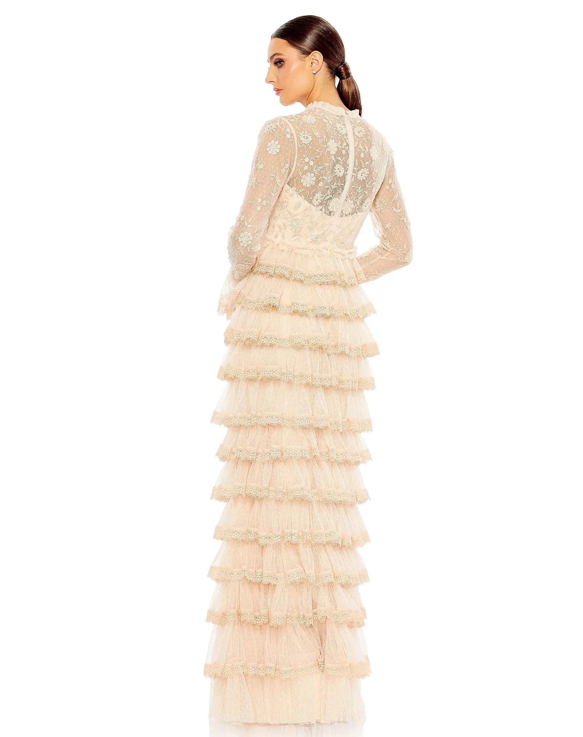 Beige Embroidered Long Sleeve Ruffled Tiered Gown