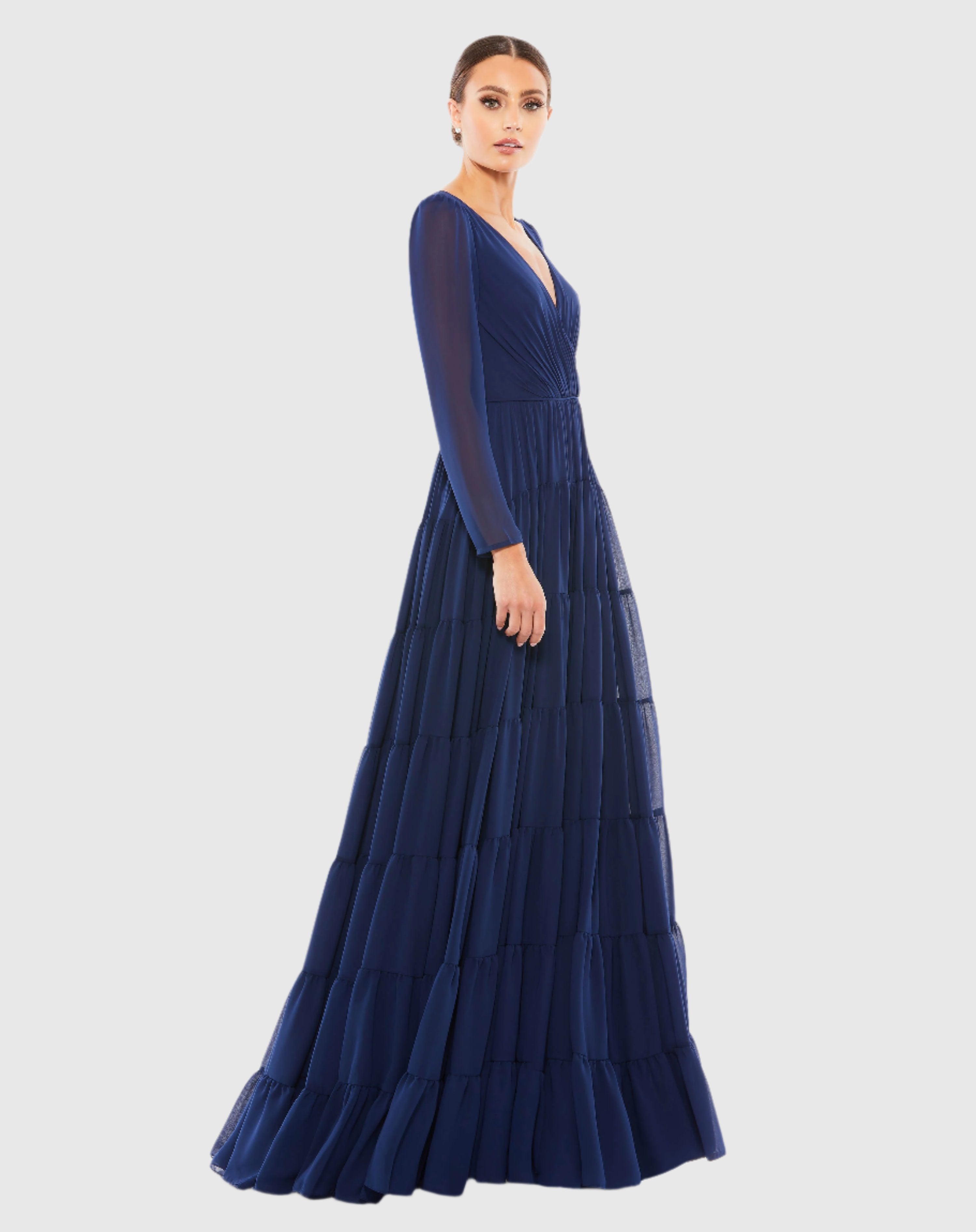 Navy Faux Wrap Illusion Long Sleeve Tiered Gown