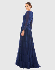 Navy Faux Wrap Illusion Long Sleeve Tiered Gown