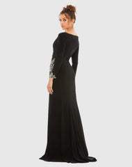 Black Floral Embellished Faux Wrap Jersey Gown
