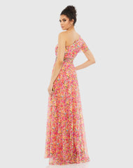 Floral Print One Shoulder Butterfly Sleeve A Line Gown - FINAL SALE