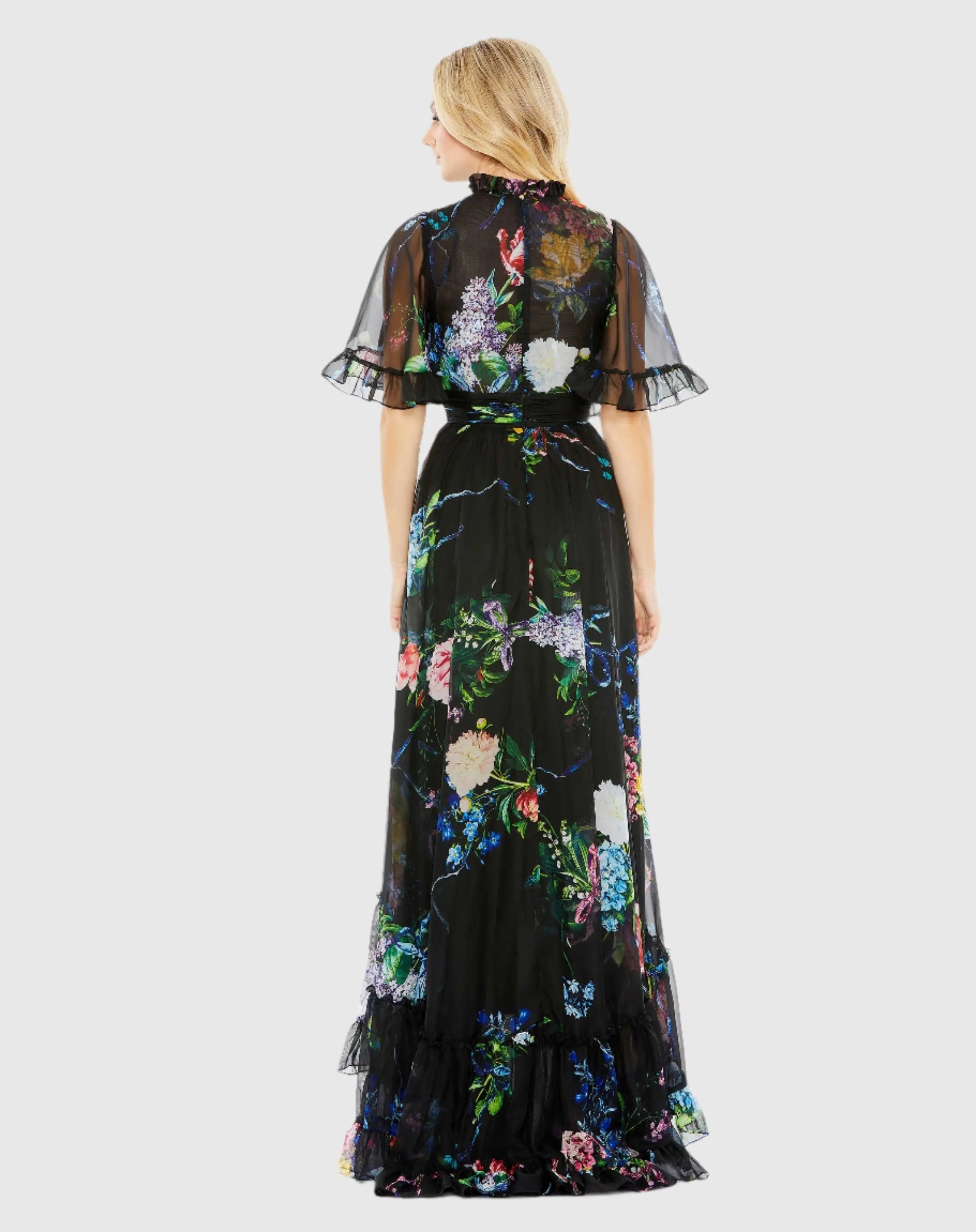 Black Floral Print Ruffled High Neck Flutter Sleeve Gown