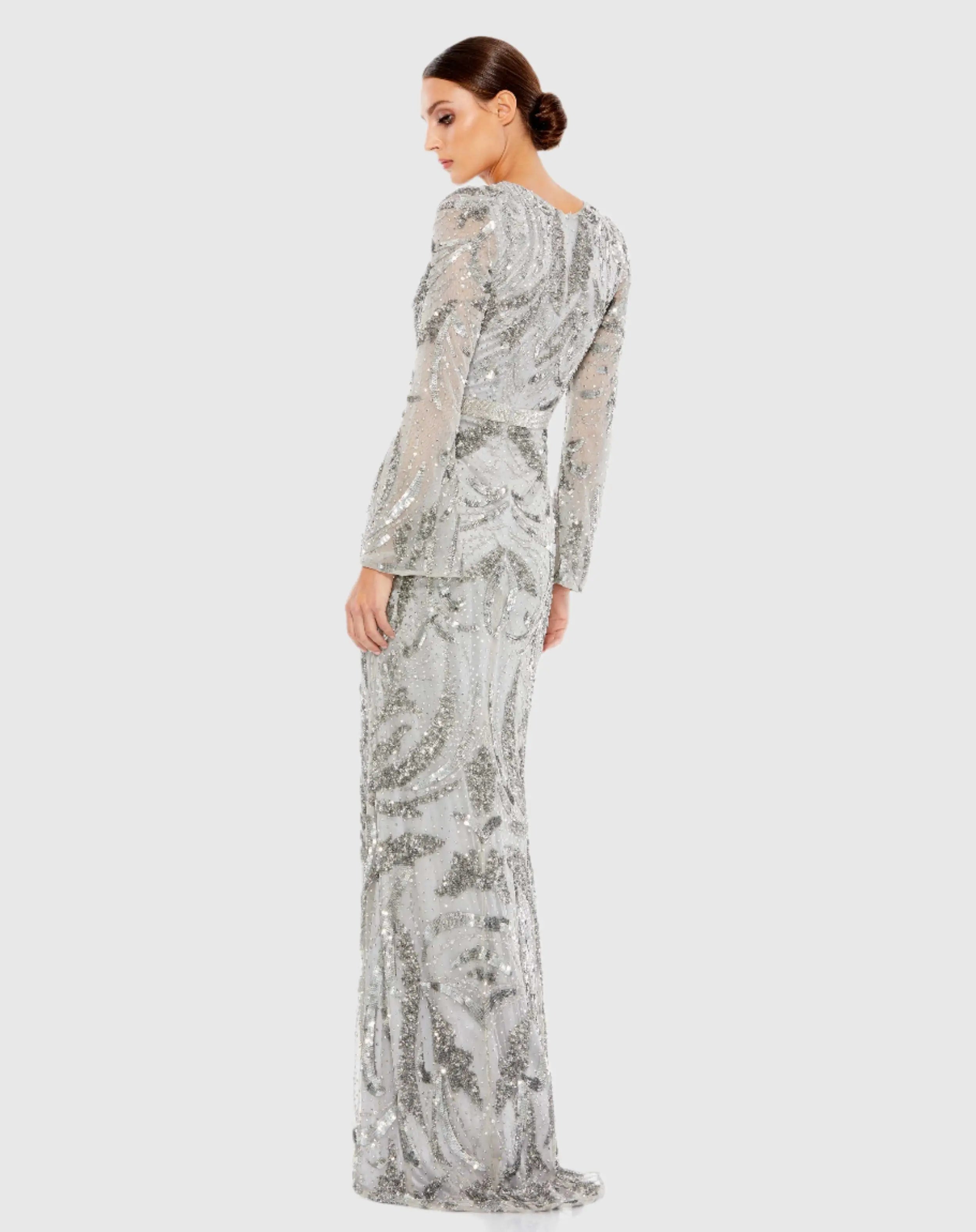 Silver Sequined Faux Wrap Split Long Sleeve Gown