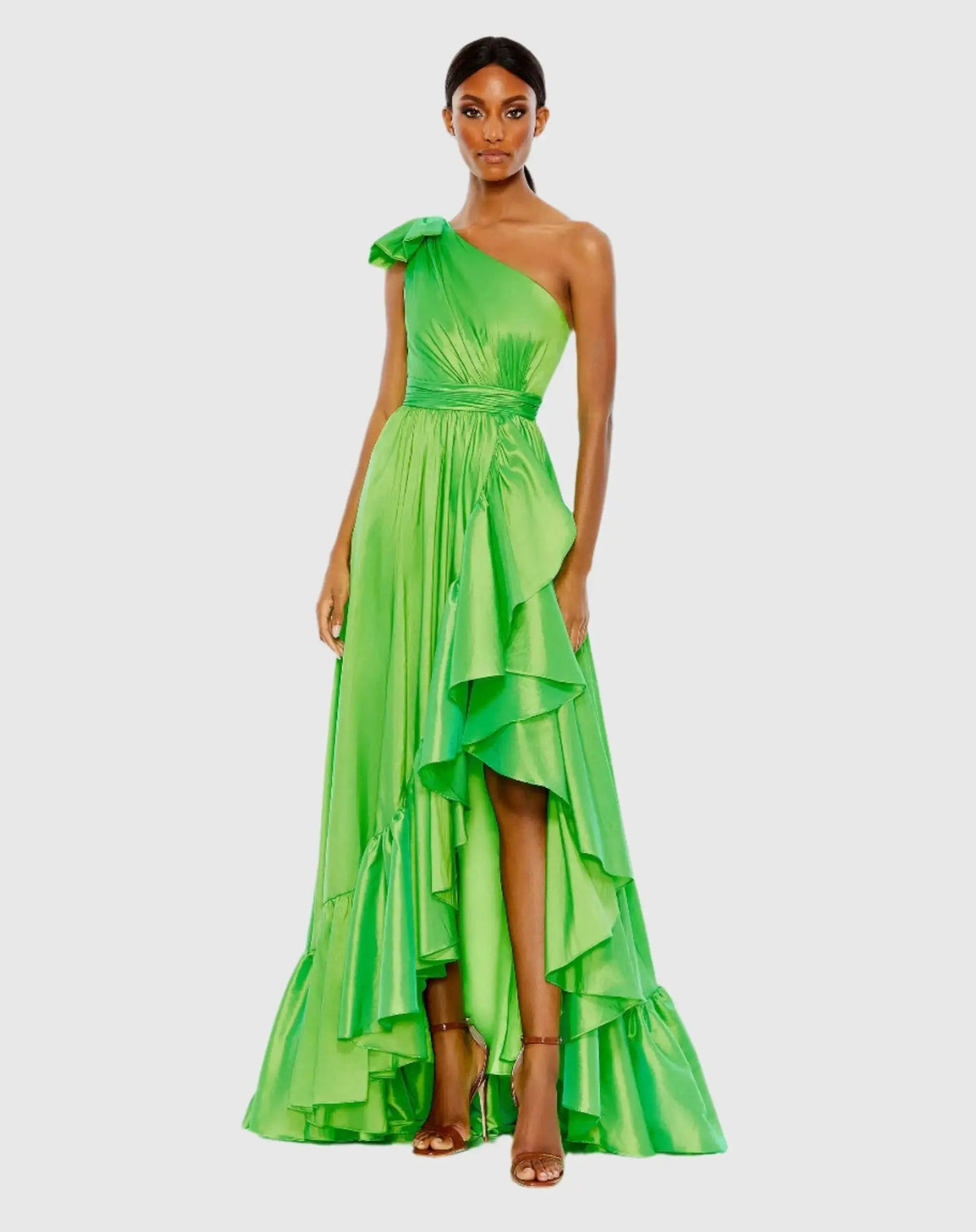 Bow One Shoulder Ruffle Asymmetrical Hem Gown