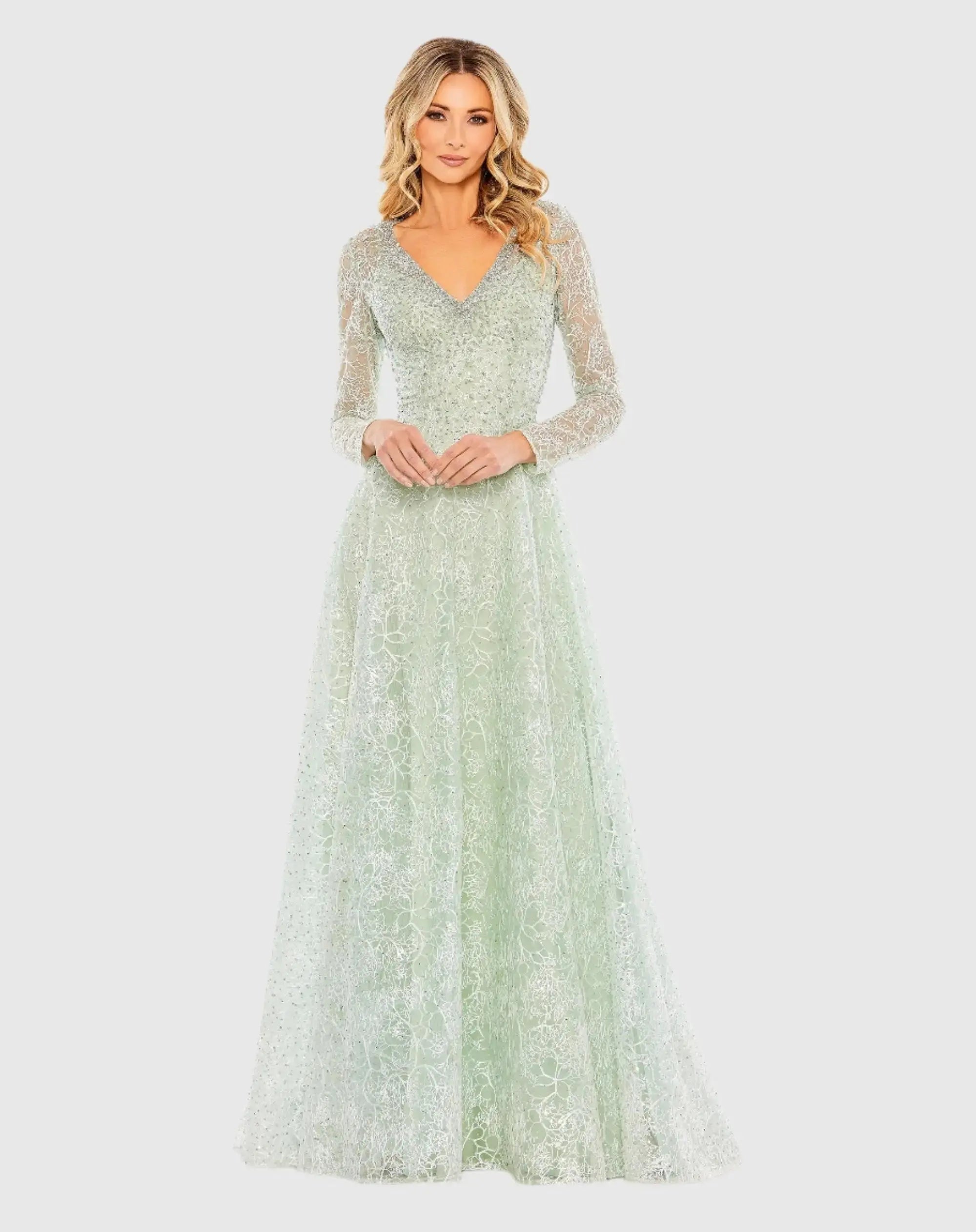 Crystal Embellished Long Sleeve V-Neck Gown