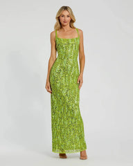 Green Embellished Square Neck Gown