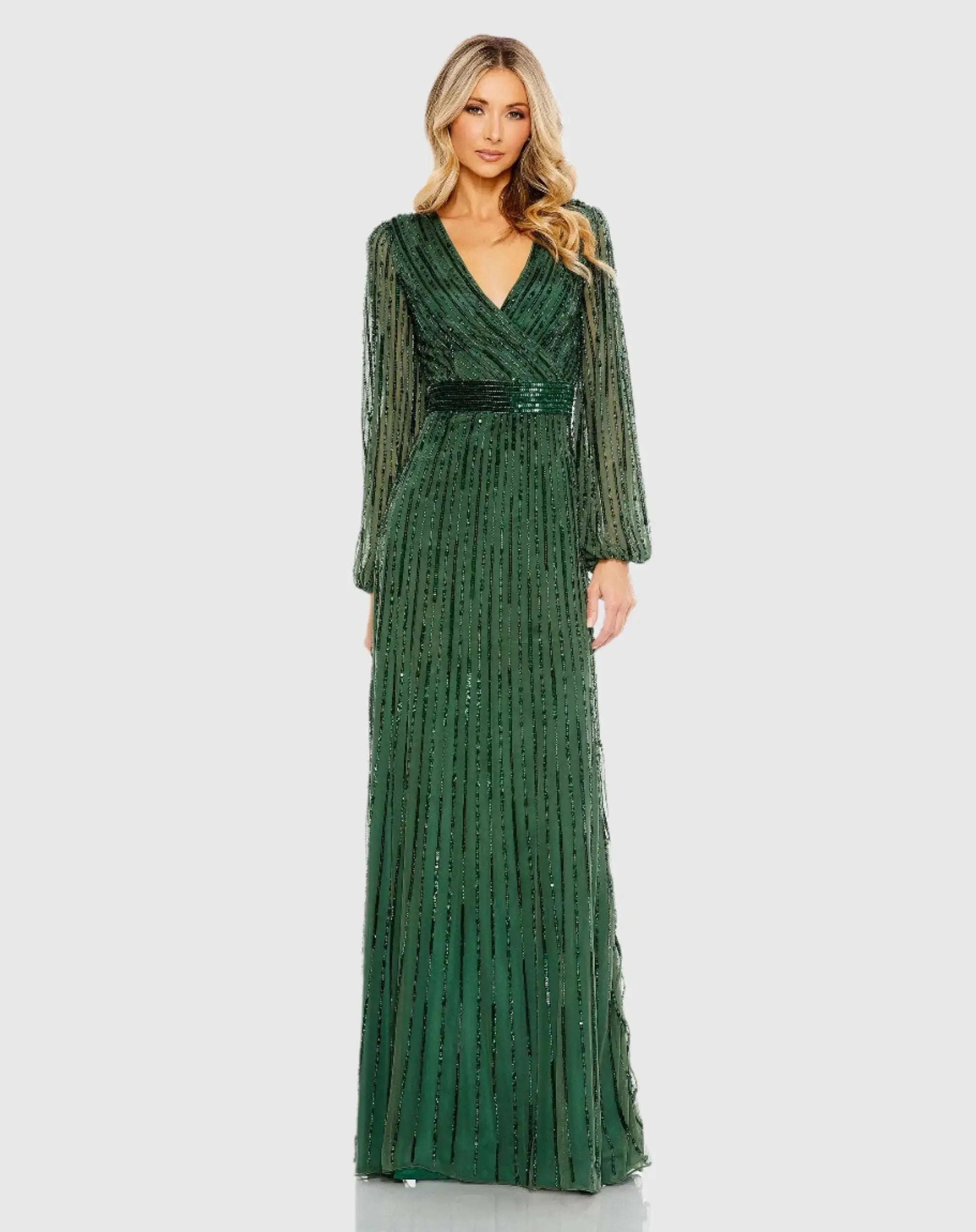 Wrap Over Puff Sleeve Embellished Gown