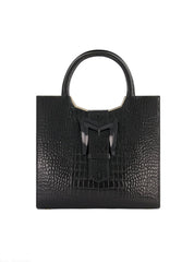 Black Buckled Medium Croco Leather Tote Bag with Detachable Strap