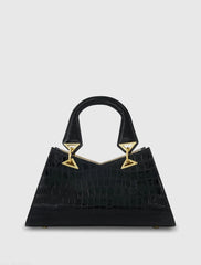 Black Crocodile Leather Handbag With Gold Hardware