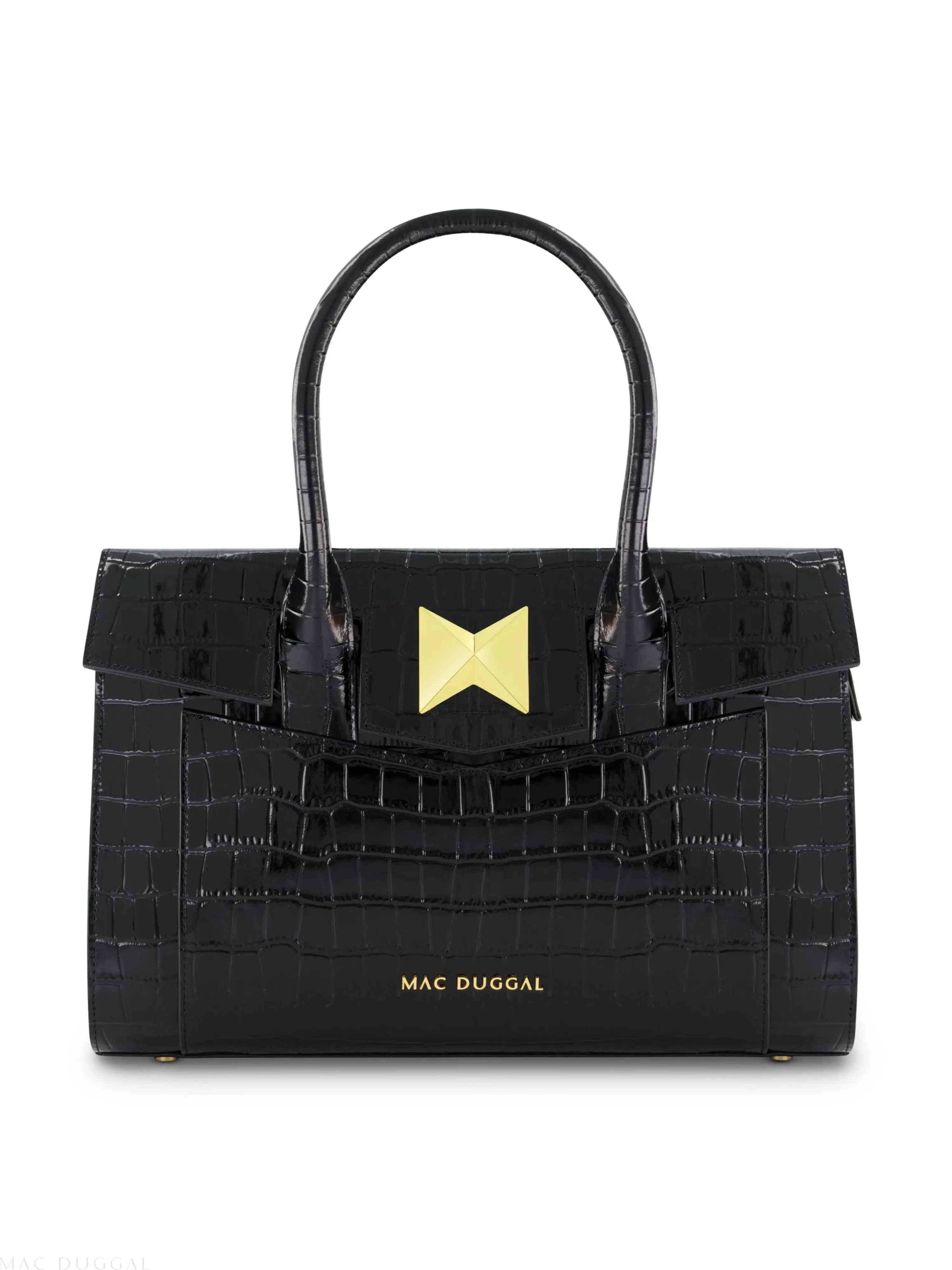 Black Crocodile Leather Tote Bag With Gold Hardware