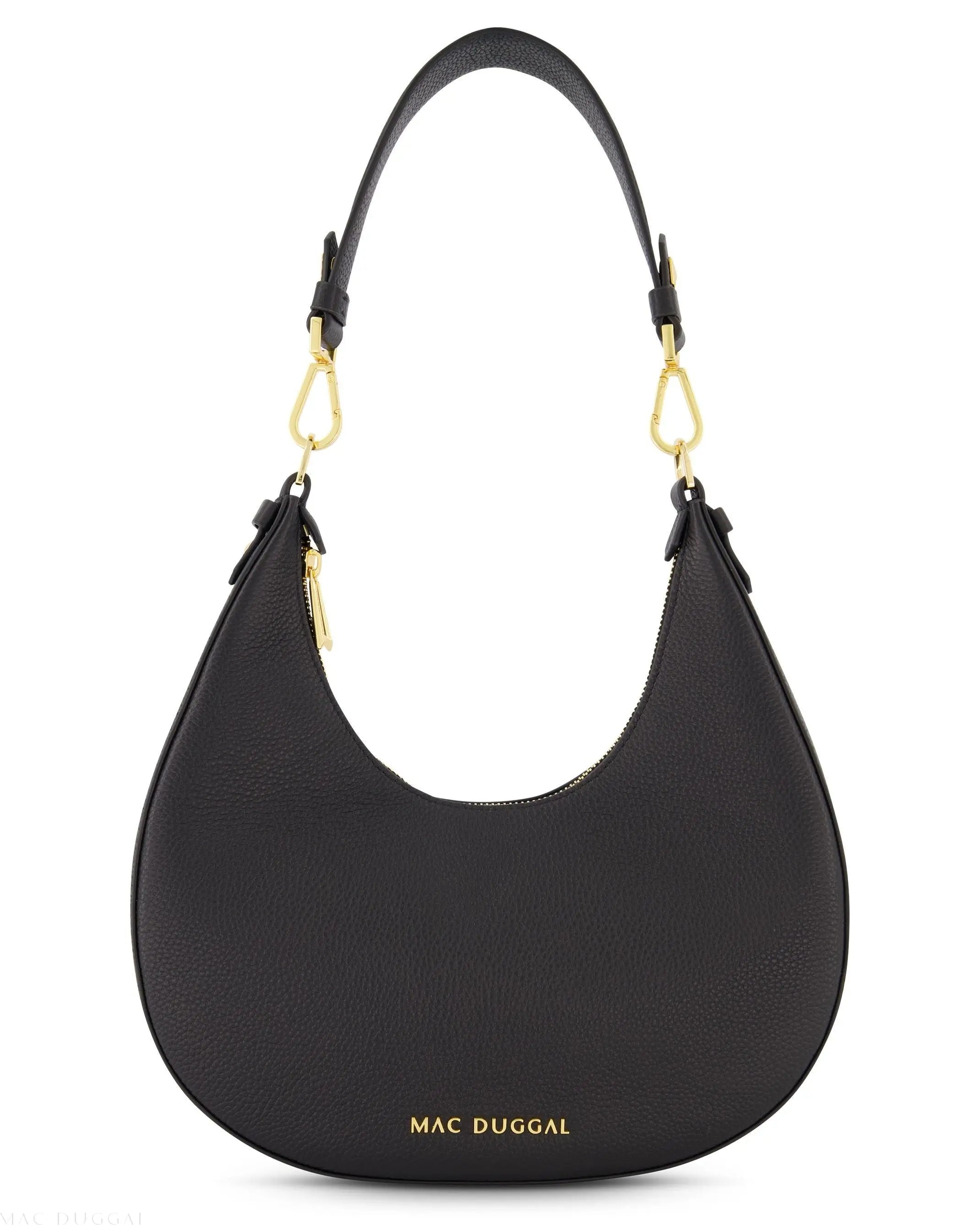Black Grain Leather Hobo Bag With Gold Hardware