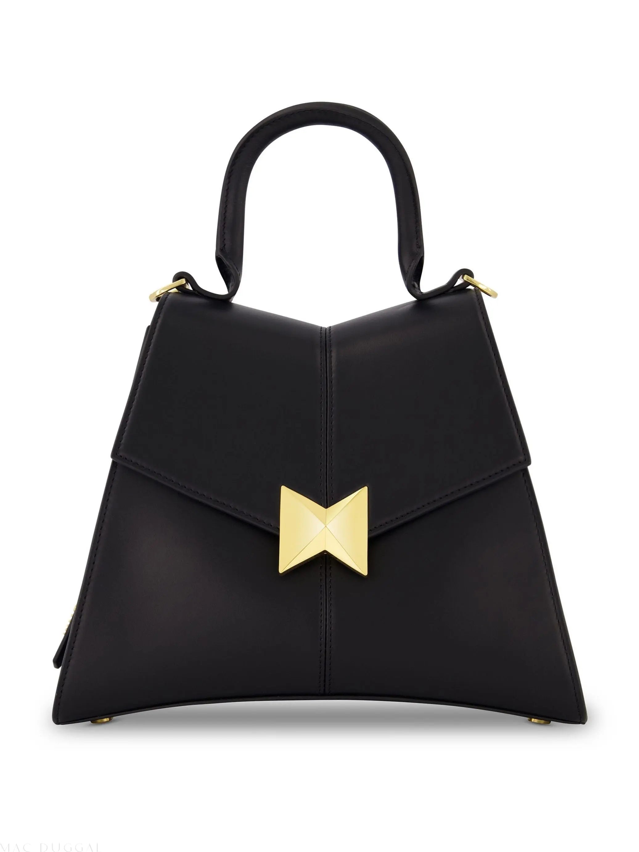Black Medium Angular Leather Handbag With Gold Hardware
