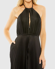Black Halter Neck Keyhole Detail Pleated Jumpsuit