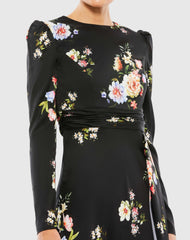 Black High Neck Long Sleeve Faux Wrap Gown