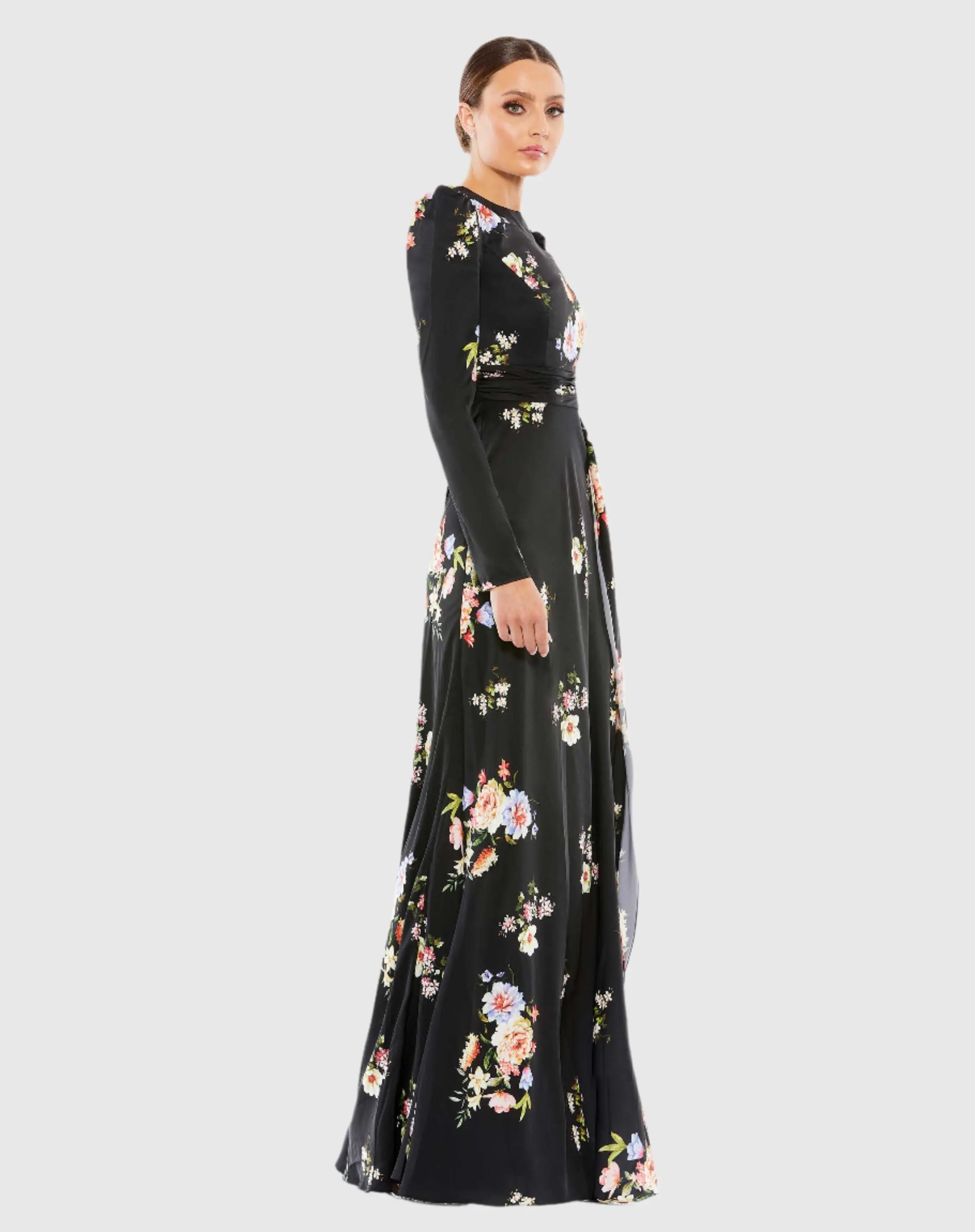 Black High Neck Long Sleeve Faux Wrap Gown