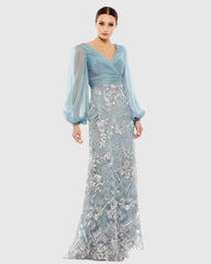 Blue Illusion Puff Sleeve Pleated Bodice Embellished Gown