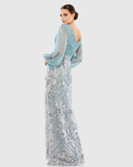 Blue Illusion Puff Sleeve Pleated Bodice Embellished Gown